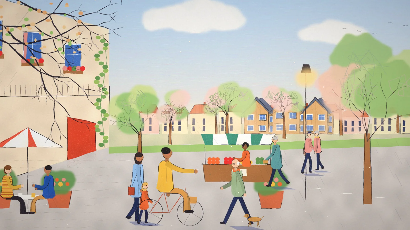 Zeichnung aus dem Film: Dorfstraße mit Menschen, Fahrrad und Hund, dahinter die neuen Holzhäuser